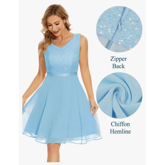 Womens XL Sleeveless Light Blue Chiffon Dress W/ Sequin Bodice & Zipper Back - Picture 1 of 9
